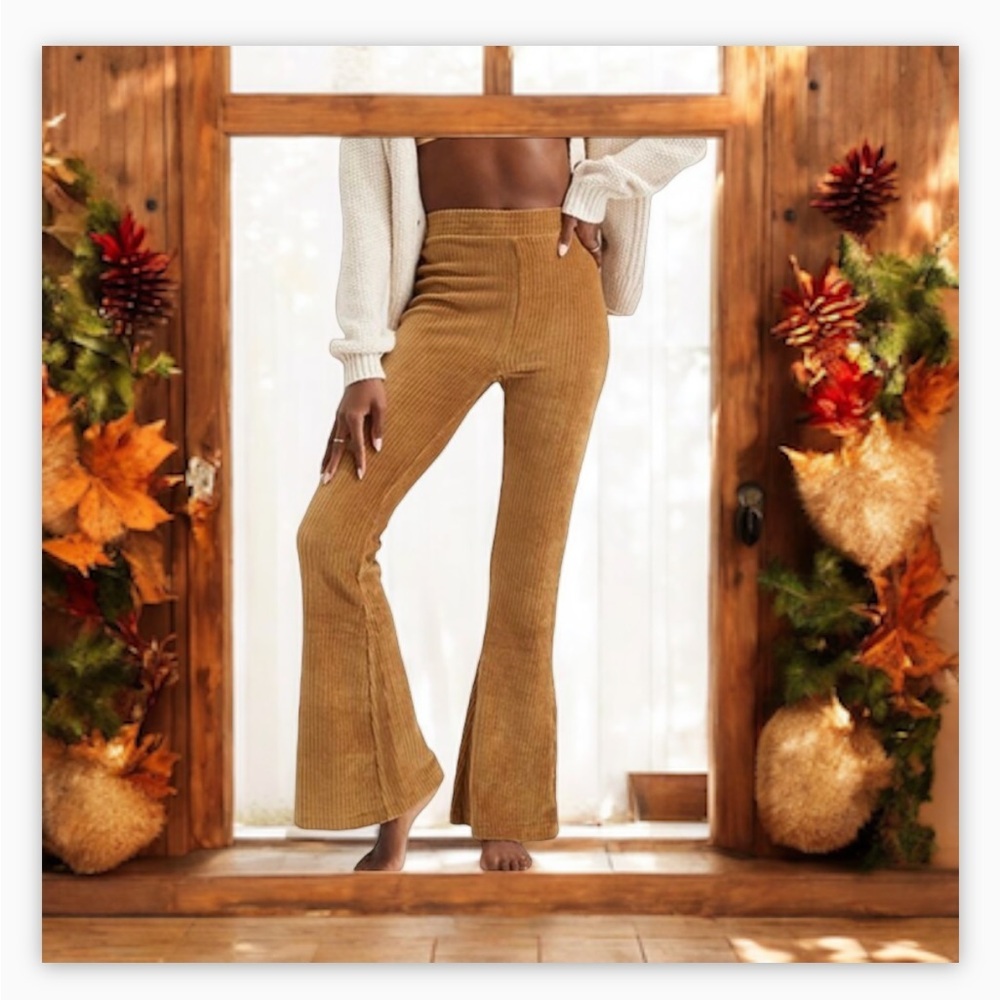 Aerie Groove-On Rib Velour Flare Pants Rusty Tan Sz S